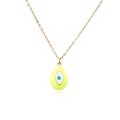 Detailed view of yellow enamel evil eye water drop pendant on 18k gold chain necklace - Yellow