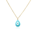 18k gold plated teardrop evil eye necklace with sky blue enamel on white background - Blue