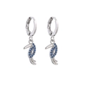 Silver hoop earrings with sparkling blue zircon toucan bird pendants on white background - Silver Toucan Design (No. 1)