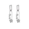 Detailed view of silver safety pin earrings with Love lettering and star pendant detail - Platinum White Zirconia