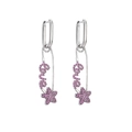 Detail of silver safety pin earrings with pink zircon pavé Love and star motifs - Platinum Red Stone