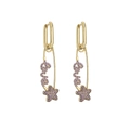 Detail showing gold safety pin earrings with purple Love letters and star zircon stones - Gold with Purple Zirconia