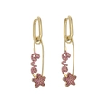 Detailed close-up of gold safety pin earrings with pink zircon LOVE letter and star charms - Golden Red Gem