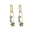 Detail of gold safety pin earrings with Love letters and green micro-pave zircons - Gold Green Stone