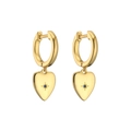Macro view of gold-plated hoop earrings featuring blue zircon heart starburst pendants - Heart / Dark Blue Zirconia