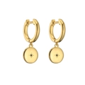 Detail of 18K gold-plated hoop earrings featuring starburst coin charms and blue zircon - Round / Dark Blue Zirconia