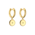 Macro view of 18K gold plated hoop earrings with purple stone and starburst engraving - Round / Purple Zirconia