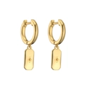 Detail of 18K gold hoop earrings with starburst engraved rectangular charms and zircon - Rectangle / Orange Zirconia