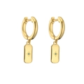 Detail of 18K gold-plated huggie earrings with starburst engraving and turquoise stones - Rectangle / Blue Zirconia