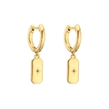 Detailed close-up of 18K gold-plated rectangle hoop earrings with red zircon starburst - Rectangle / Red Zirconia