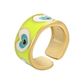 Detailed close-up of yellow enamel heart evil eye pattern on golden open ring band - Yellow