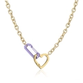 Golden chunky chain necklace with purple safety pin and heart carabiner clasp - Purple