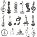 Vintage zilveren muziek thema hanger set inclusief gitaar, noten en pianotoetsen - Gemengde 16 Stijlen Antiek Zilveren Muziekserie