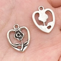 DIY antique silver heart-shaped hollow rose charm pendant for handmade jewelry making - Heart Shape Rose 15x19mm (10412)