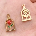 DIY gold rose pendant charms in red oil drip finish for handmade jewelry making - Red Enamel Rectangle Rose 9x18mm (12297)