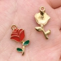 Red rose flower alloy pendant charm with green leaves for DIY jewelry making - Red Enamel Rose 12x23mm (12306)