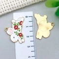 Cute white enamel rabbit pendant charm with red flowers and golden textured back - White Rabbit With Flower Style (18895)