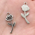 Silver metal rose flower pendant charms for DIY jewelry showing front and back detail - Rose Charm 10x23mm (16943)