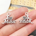 Vintage zilveren hartvormige hanger met I Love Music gravering voor DIY sieraden - 15x20mm Antiek Zilveren Hart MUSIC