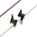 Set of two black enamel lightning bolt charms with silver trim for DIY jewelry making - Silver Black