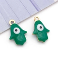 Green Hamsa hand pendant with evil eye in gold-plated enamel for jewelry making - Enameled Green Palm Design (t1404)