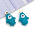 Blue Hamsa Hand and Evil Eye enamel pendant charms with gold ring for DIY jewelry making - Enameled Blue Hand Design (t1406)