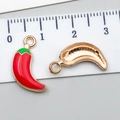 3D red chili pepper alloy charm with green enamel detail and golden reverse side - Red (23379)