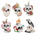 Gothic Halloween alloy pendants featuring skeletons, ravens and mushrooms for DIY jewelry - Enamel Halloween Skull Floral Set (SN569)