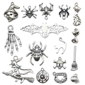 Vintage silver Halloween charms set with witch bat and skull for DIY jewelry making - 15 Styles Mixed Set (SN35) / 15 Pieces/Pack / Antique Silver