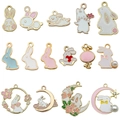 Pink and blue macaron rabbit charms with gold alloy edges for DIY jewelry making - Mix 15pcs Enamel Mid-Autumn Easter Rabbit Set (SN1215)