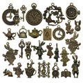 Antique bronze Alice in Wonderland themed alloy charms featuring rabbits and clocks - Mix 45pcs Antique Bronze Alice Rabbit Set (M76)