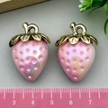 Light pink strawberry charm with iridescent finish and gold leaf for DIY jewelry - Pink Iridescent Large Strawberry (21812)