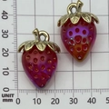 Translucent red strawberry resin pendant charms with golden metal leaves and hook - Red Iridescent Solid Large Strawberry (21813)