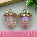 Pink translucent strawberry charms with pearl finish and gold hooks for DIY jewelry - Pink Iridescent Transparent Large Strawberry (21814)