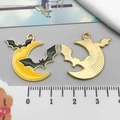 Detail of yellow crescent moon and black bat enamel charm showing front and back texture - Black Yellow Halloween Moon Bat (15136)