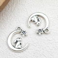 DIY silver alloy moon and rabbit pendant charms with star detail for jewelry making - Antique Silver Moon Star Rabbit (15703)