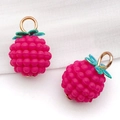 3D raspberry fruit pendants in deep pink resin with green leaves for DIY jewelry making - Rose Red Resin Round Raspberry (16413)