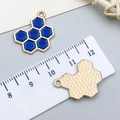 Detailed front and back view of blue honeycomb charm with gold alloy plating for DIY jewelry - Single-Sided Blue Enamel Honeycomb (23871)