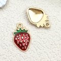 Red strawberry fruit charms with gold plating and green leaves for DIY jewelry crafts - Burgundy Strawberry (10849)