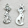 Antique silver cat charm pendants in front and back view for DIY jewelry making - Cat (3774)