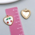 White heart enamel pendant with red cherry pattern and gold beaded metal frame - 1Pc KC Gold White Enamel Heart Shape Cherry (23385)