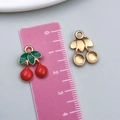 Pair of red cherry alloy pendants with green leaves and golden back for jewelry DIY - 1Pc KC Gold Red Enamel Cherry (23402)