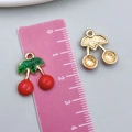 Red cherry pendant charm in golden alloy with green leaves and 2.2cm size scale - 1Pc KC Gold Red Enamel Cherry (23439)