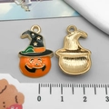 Halloween pumpkin witch hat enamel charm pendant with golden back and size ruler - Orange Halloween Pumpkin Cat Head (12502)