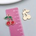 Red cherry alloy pendant charm with green leaf and gold trim for DIY jewelry - 1Pc Enamel Red Cherry (8621)