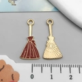 Golden and red enamel broom pendant charm for Halloween DIY jewelry making projects - Reddish Brown Halloween Broom (14016)