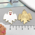 Ghost charm for DIY jewelry with white enamel finish and golden metal detailing - White Halloween Smiling Ghost (15124)