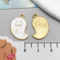 White enamel ghost charm with gold trim and textured back for Halloween jewelry making - White Halloween Scary Little Ghost (15132)