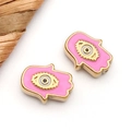 Pink enamel Hamsa Hand beads with blue evil eye detail for DIY jewelry making - 9x12x4mm / Pink Enamel Hamsa Hand (T1694)