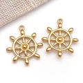 Close-up of golden ship wheel charms for nautical DIY jewelry making on white background - Nautical Ship Wheel Style (T2215) / 1 Piece/Pack (24x21x3mm)